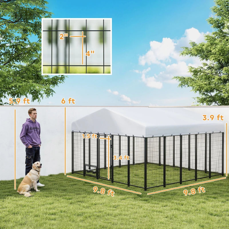 Outdoor Dog Kennel with Rotating Bowls, Waterproof Cover, Silver - Large Pet Run