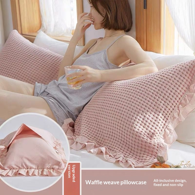 Cotton Waffle Pillowcase Set - Ruffled Single-Piece Bedding for Bedroom