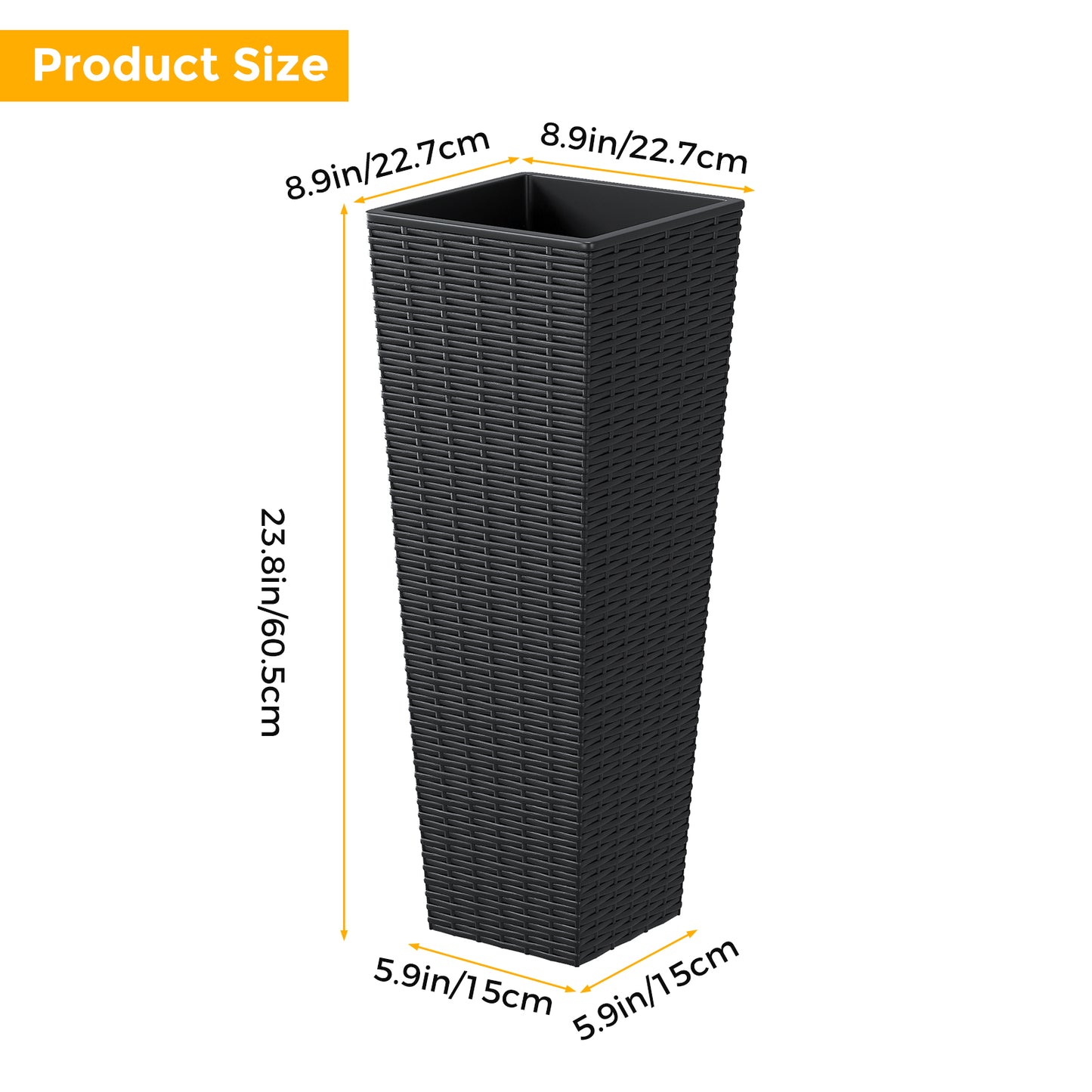 Large Resin Tapered Plant Pots with Drainage Holes - Black (2pcs)