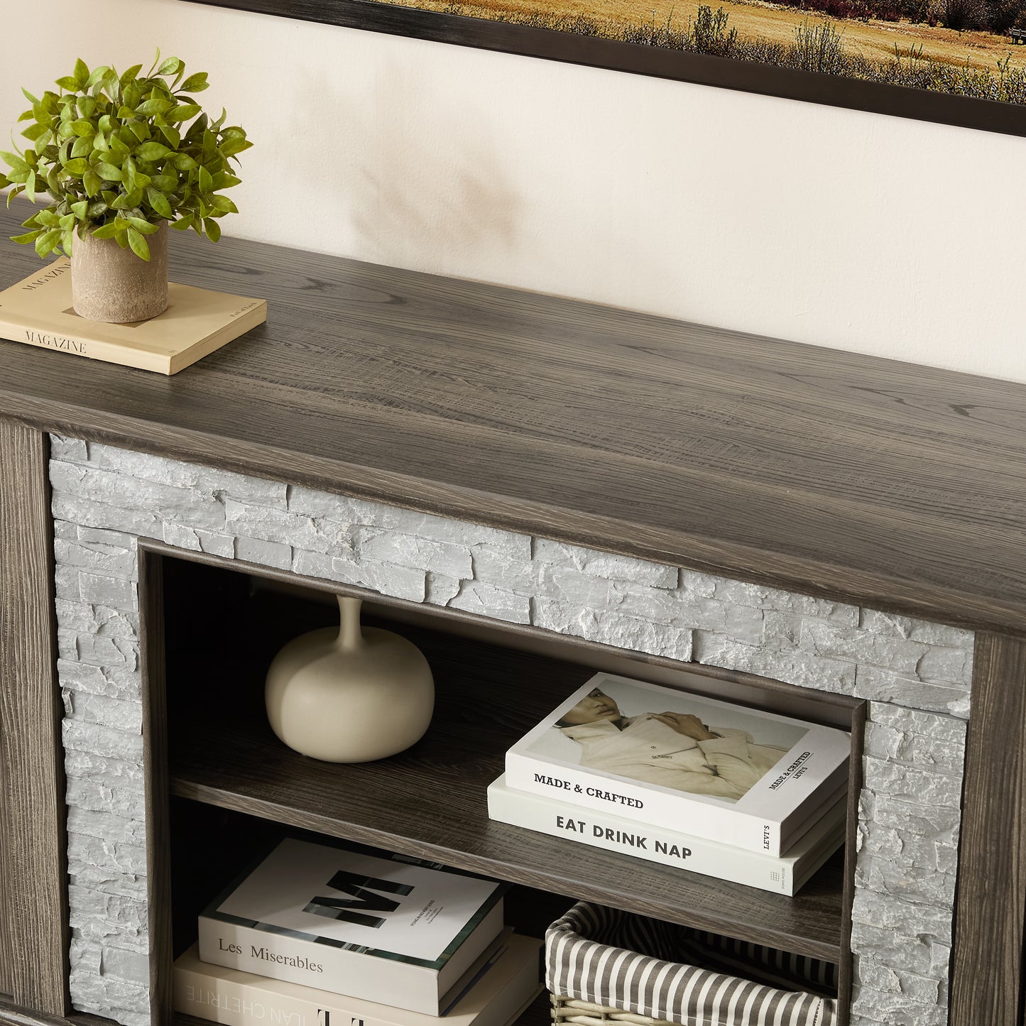 70 Modern TV Stand With 2-Door Storage, Faux Stone Media Console