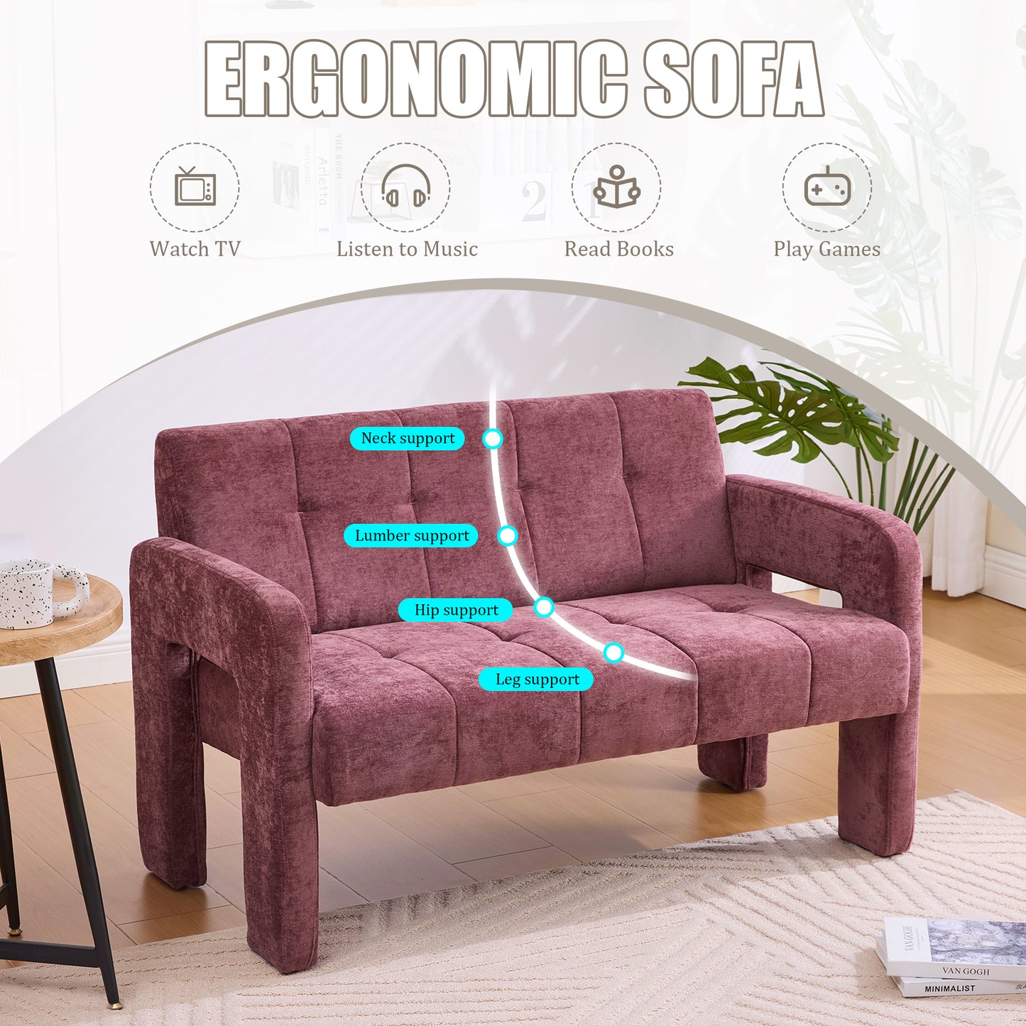 Nordic Modern Double Armchair - Compact Upholstered Sofa in Wine Red