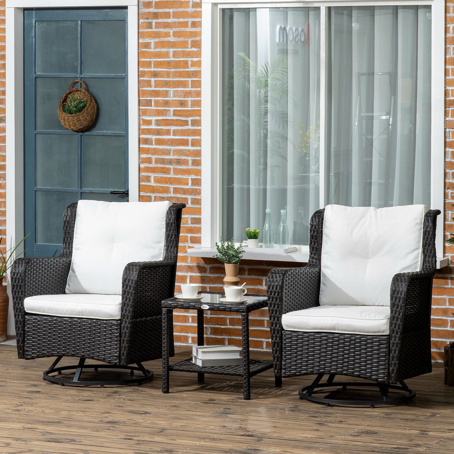 Outdoor Patio Bistro Set with Swivel Rockers & Coffee Table - Cream White