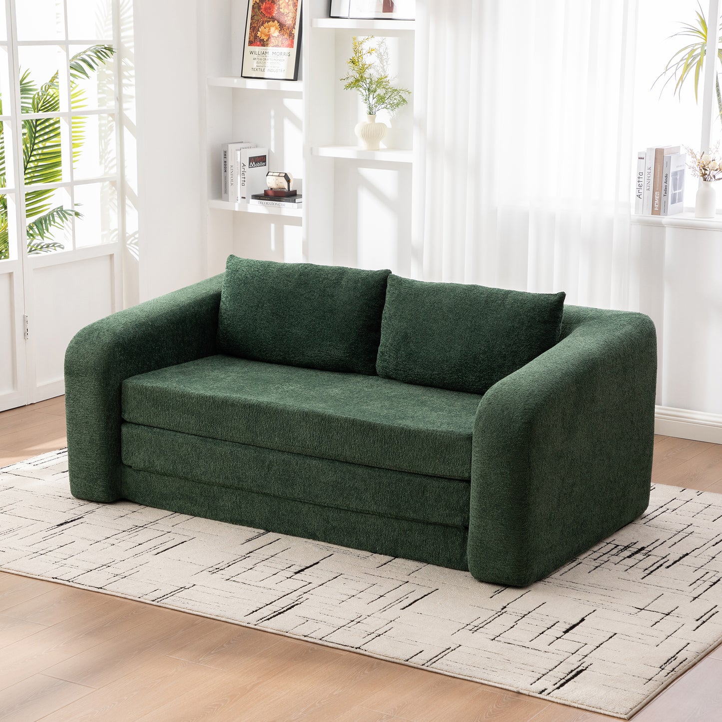 71" Convertible Chenille Loveseat Sofa Bed with Pillows - Green