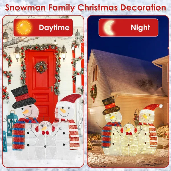 3Pcs 2D Christmas Snowman Family Decoration with LED Lights