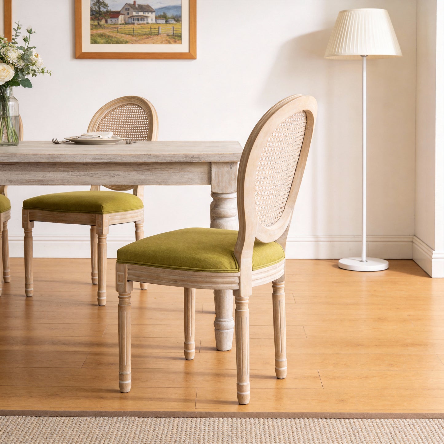 French Country Dining Chairs Set of 2 - Upholstered Rattan Back - Green