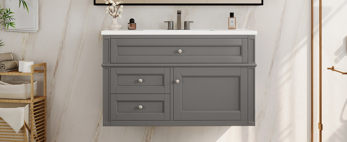 36-Inch Wall-Mounted Bathroom Vanity with Ceramic Sink & Drawers - Gray