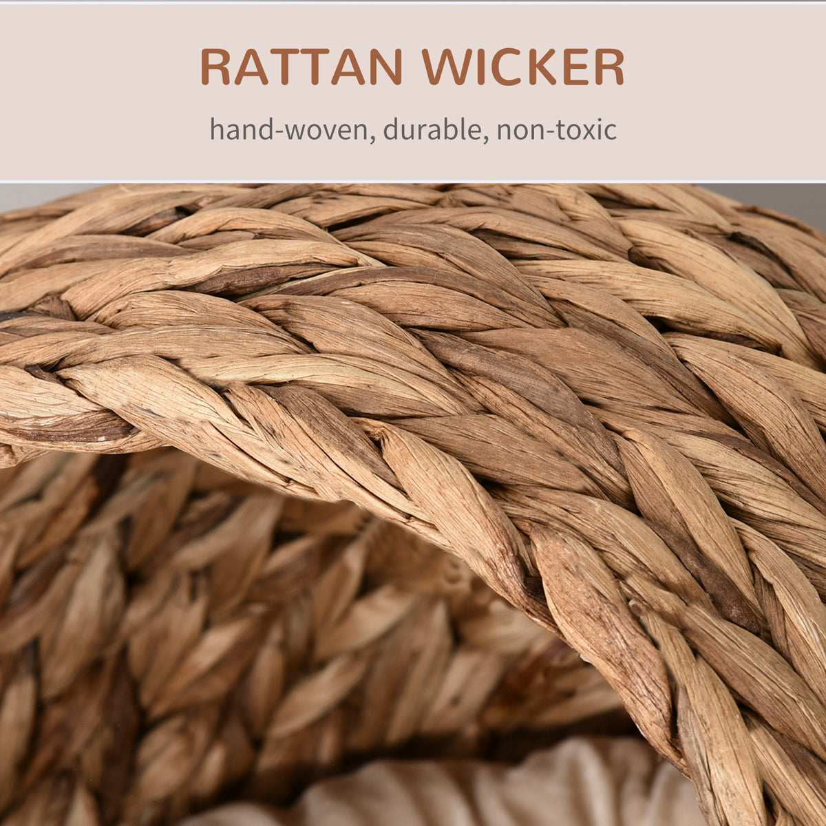 Elevated Cat Bed with Soft Cushion & Basket Shape - Indoor Wicker House, 23.5 Inches, Light Brown