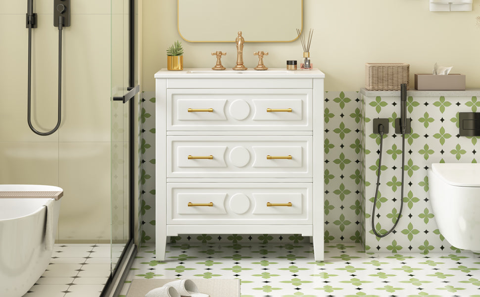 30'' White Bathroom Vanity with Ceramic Sink and 3 Drawers