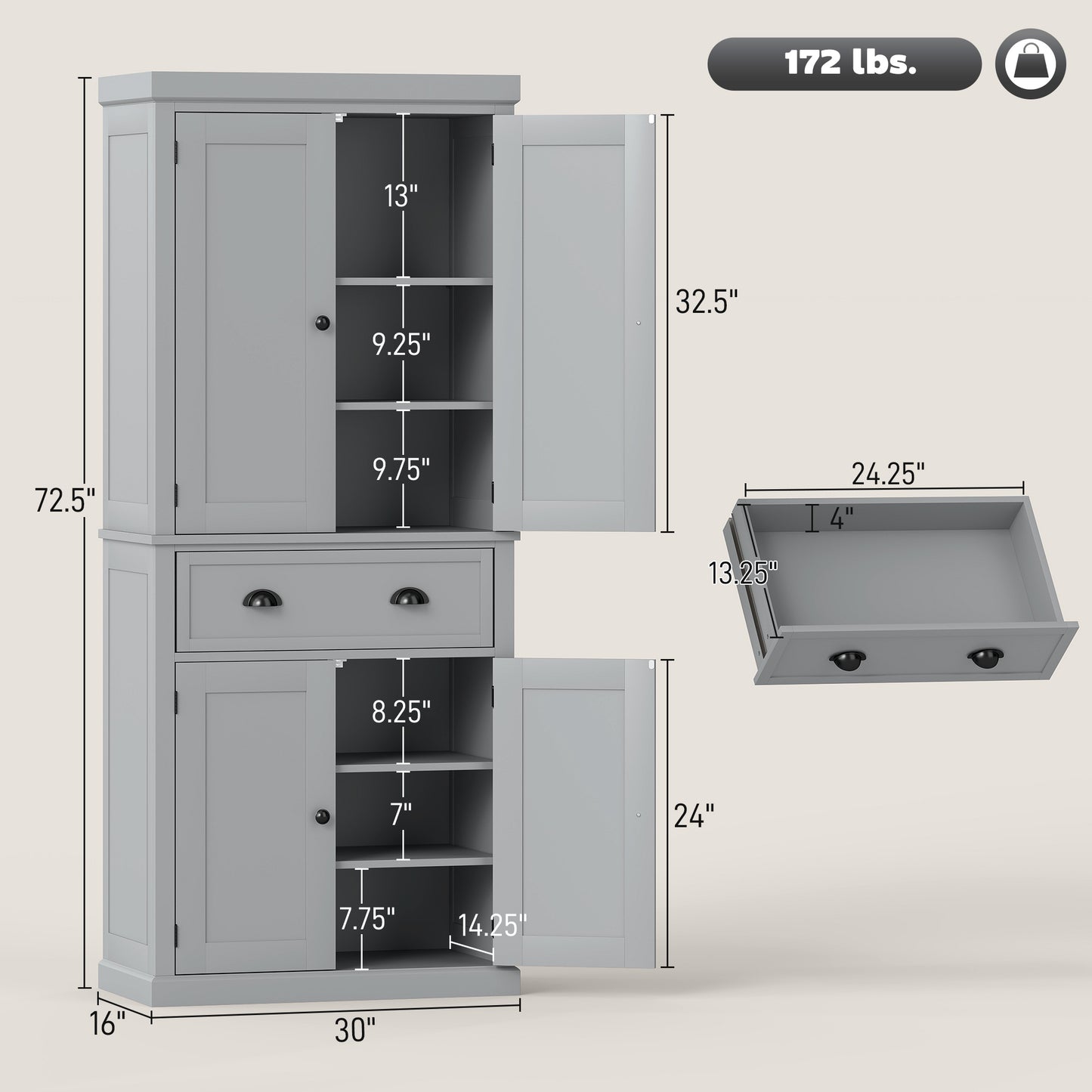 72.5" Gray Kitchen Storage Cabinet with Doors & Shelves