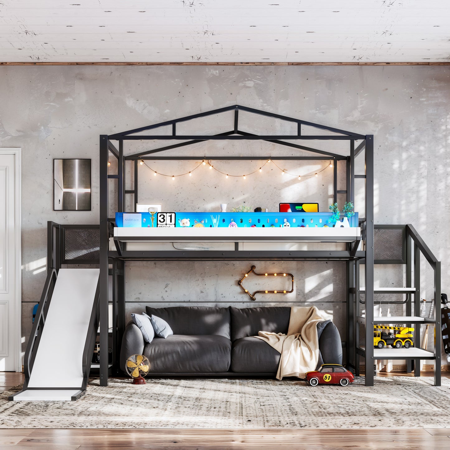 Twin Size Loft Bed with Storage Stairs, USB Ports & LED Lights - Black