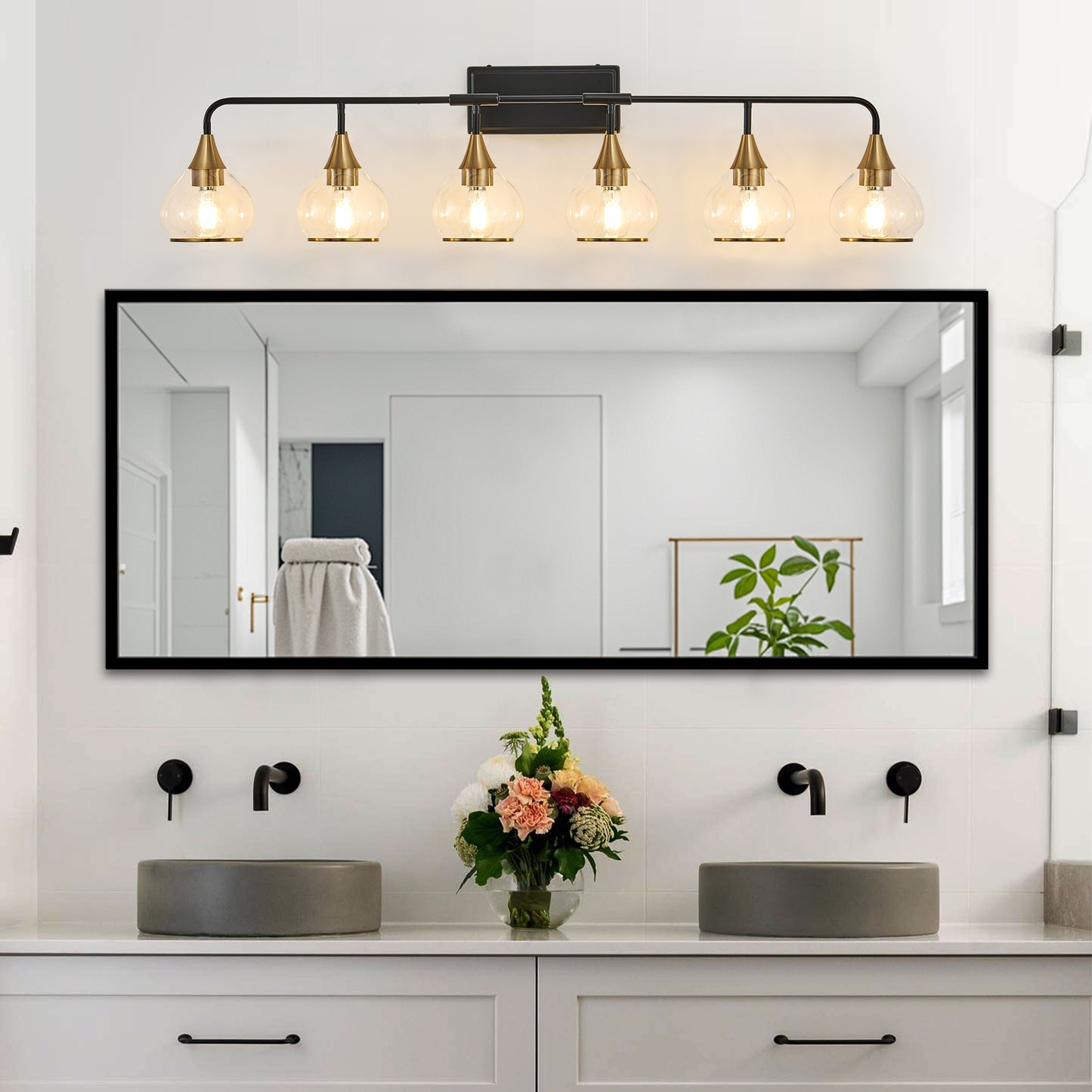48-Inch Modern 6-Light Wall Sconce - Black & Gold Bathroom Fixture