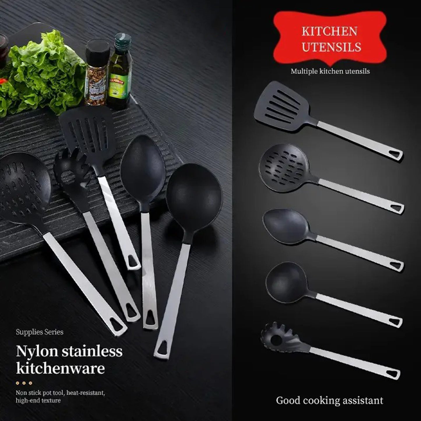 Premium 5-Piece Kitchen Utensil Set - Stainless Steel & Nylon