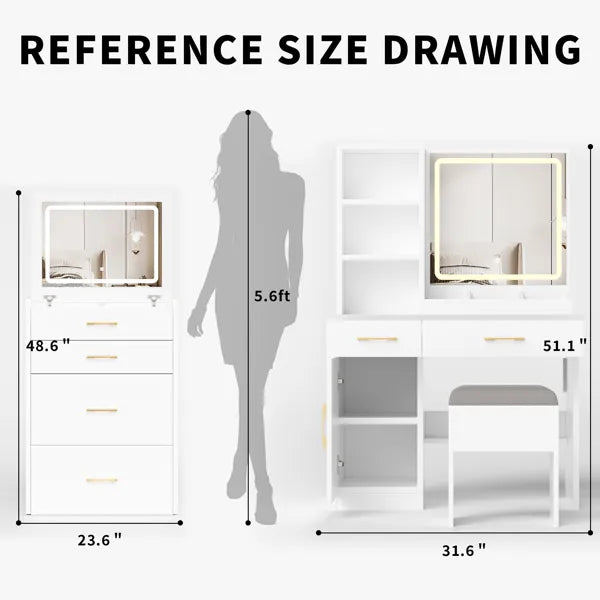 Makeup Vanity Desk with Mirror & Lights - White Dressing Table Set