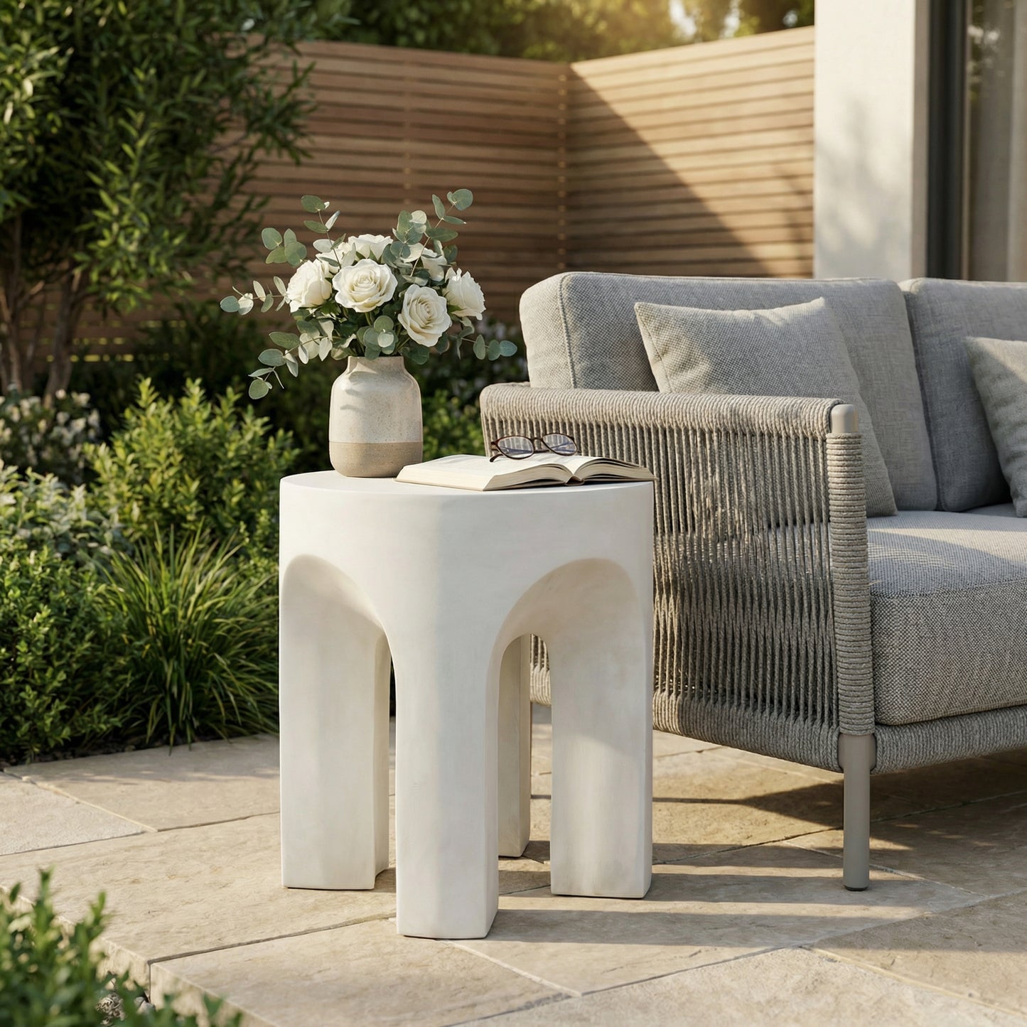 Outdoor Round Top Side Table - Antique White Concrete Accent Table