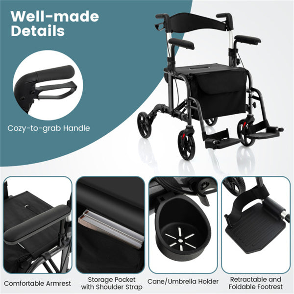 2-in-1 Rollator Walker and Wheelchair - 300lbs Capacity, Adjustable Handles, Black