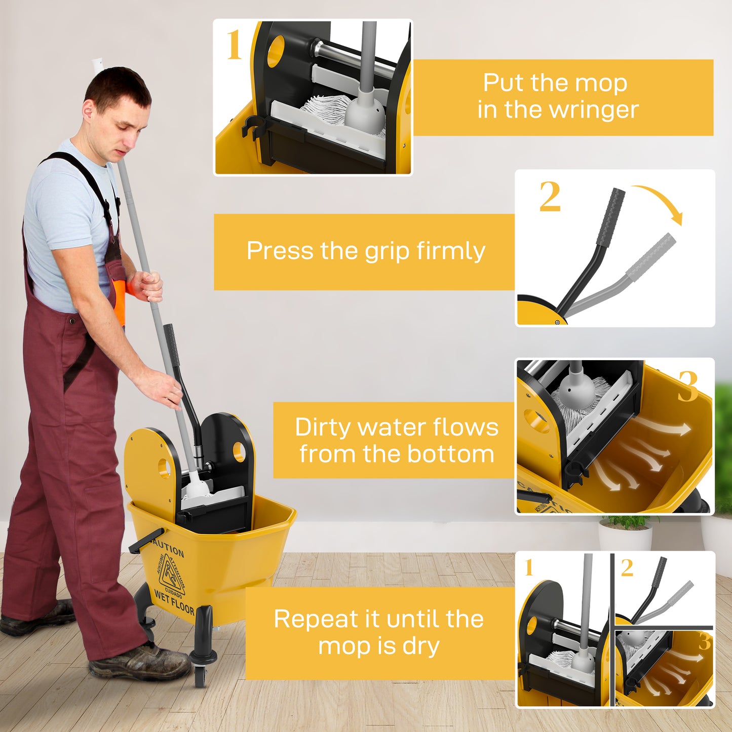 Yellow Mop Bucket with Wringer and Wheels - 27.5 Quart Floor Cleaning Cart