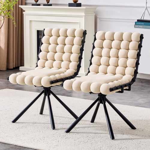 Set of 2 Beige Velvet Bubble Dining Chairs with Black Legs