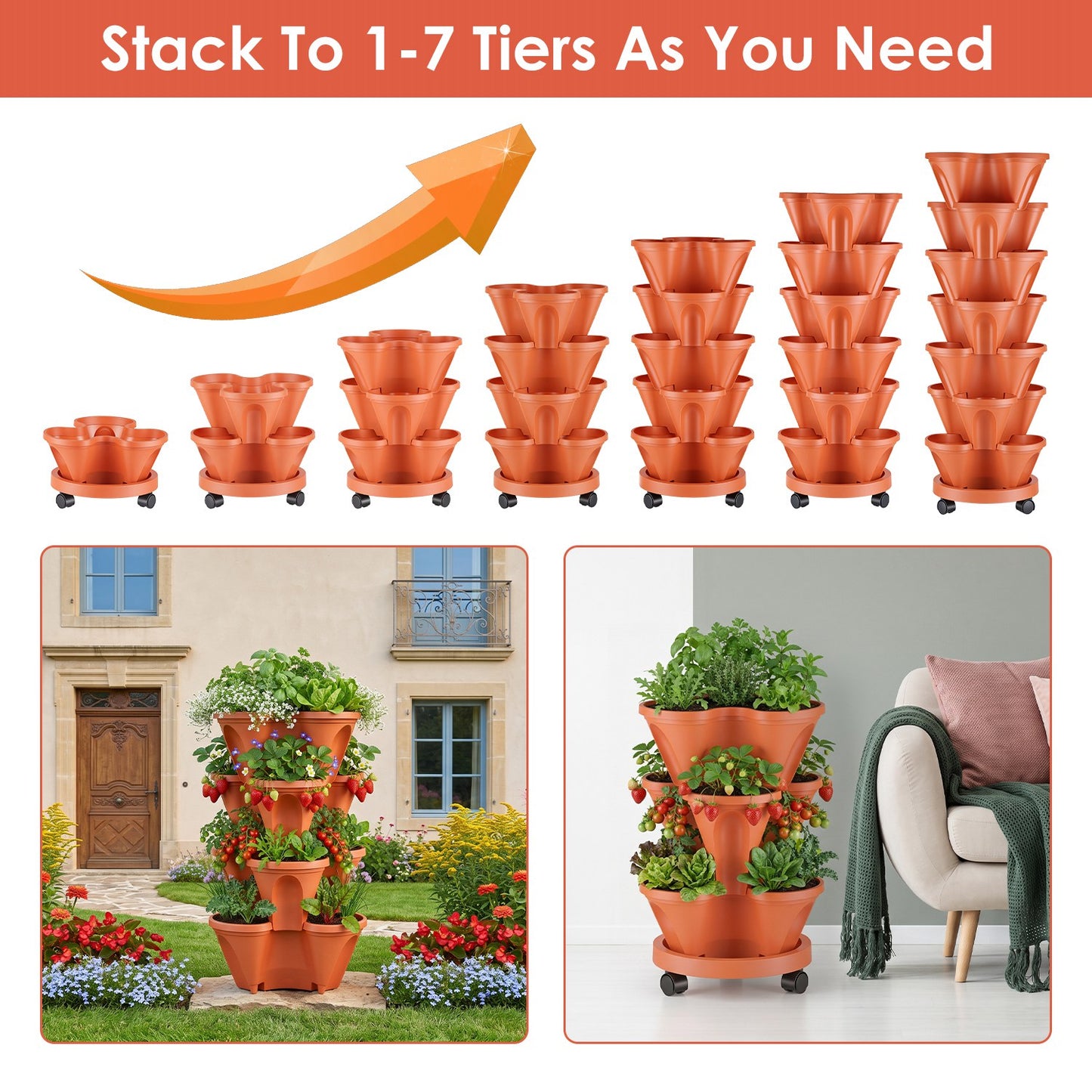 7-Tier Vertical Stackable Garden Planter with Wheels and Drainage System