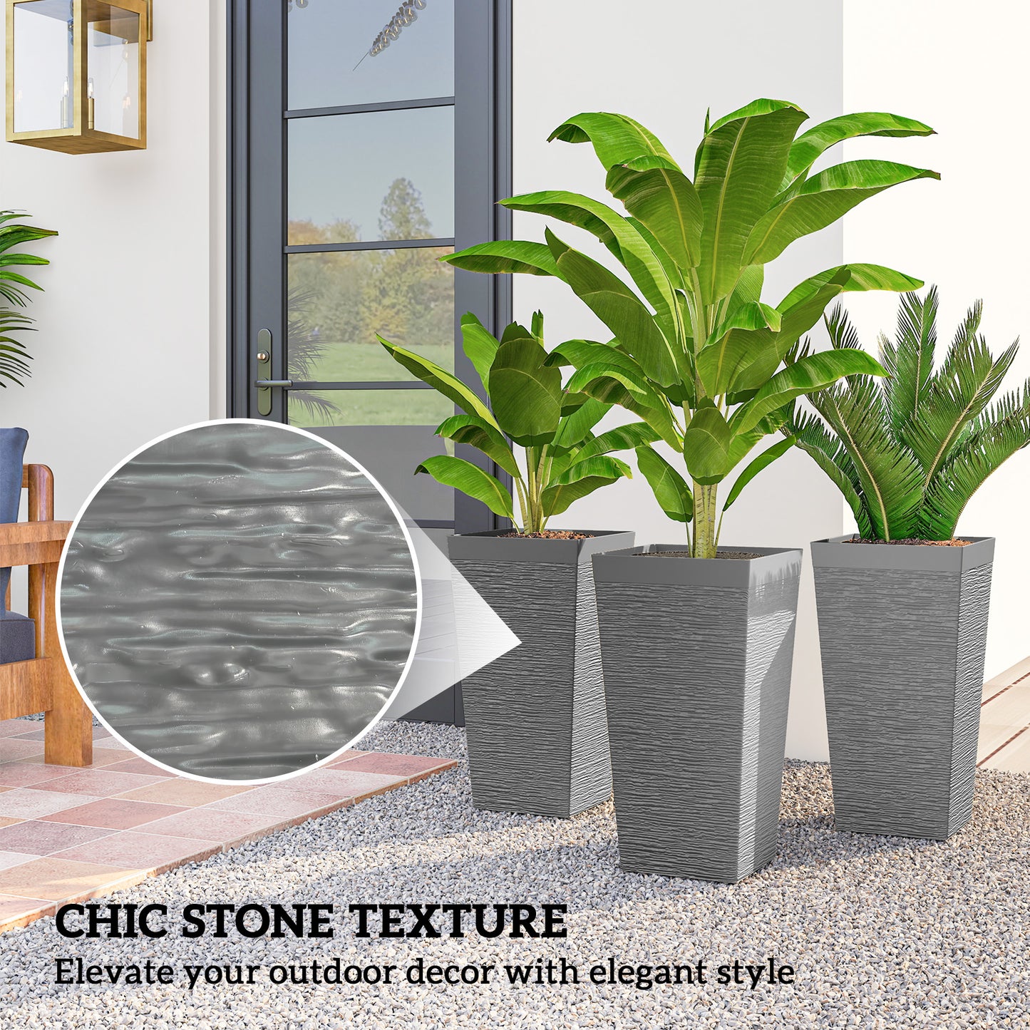 Outdoor Plant Pots Set of 3 with Wheels - 22.8 Inch Tapered Planters, Stone Finish, Drainage Holes, Gray