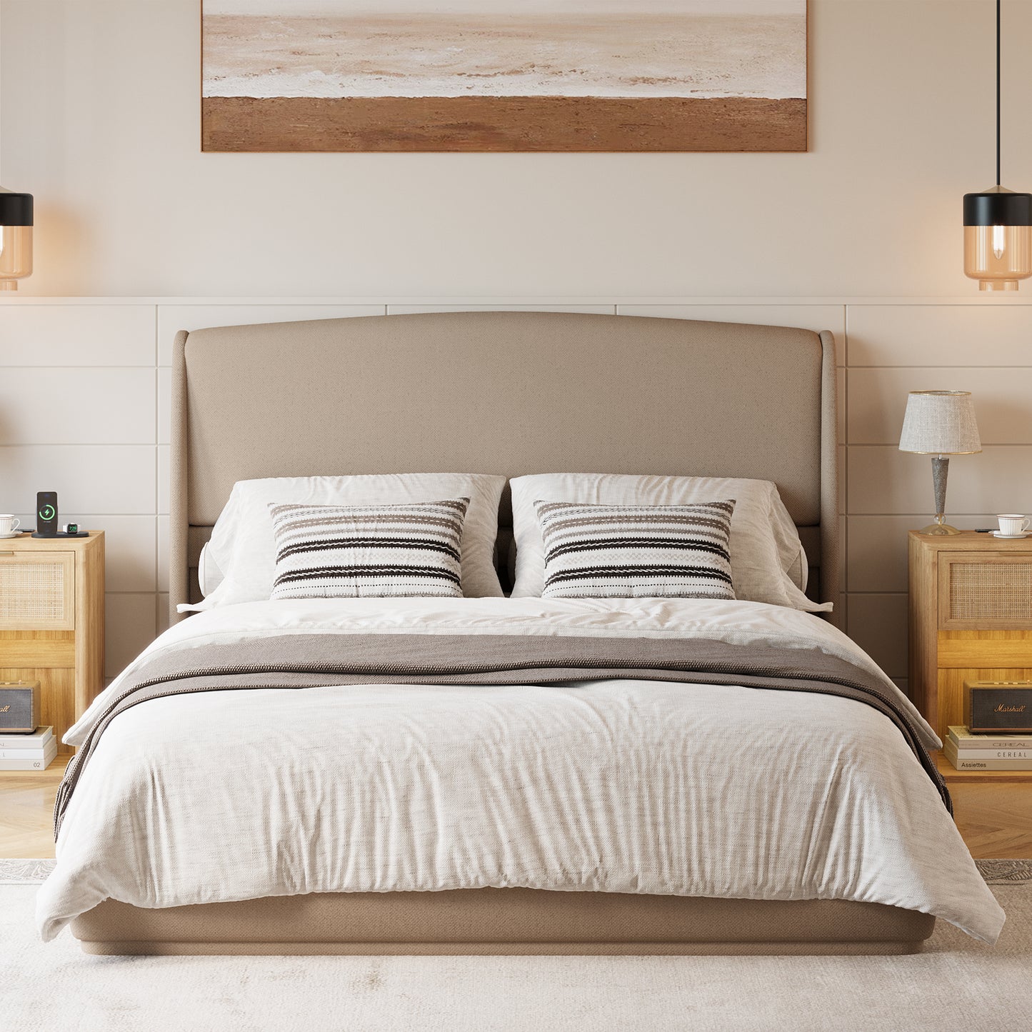 Upholstered Queen Bed Frame With Wingback Headboard, Low Profile