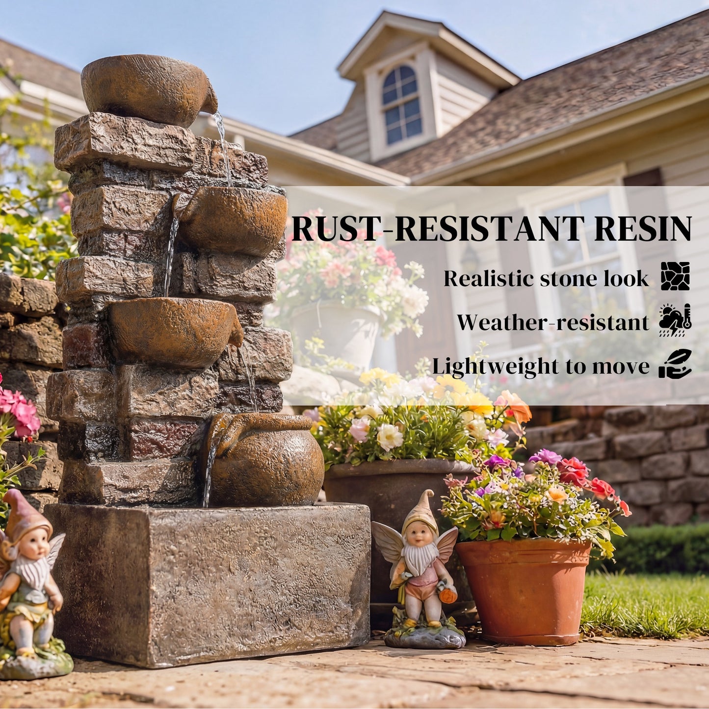 28-Inch Outdoor Fountain with 5-Tier Rustic Jugs, LED Lights, Adjustable Water Flow