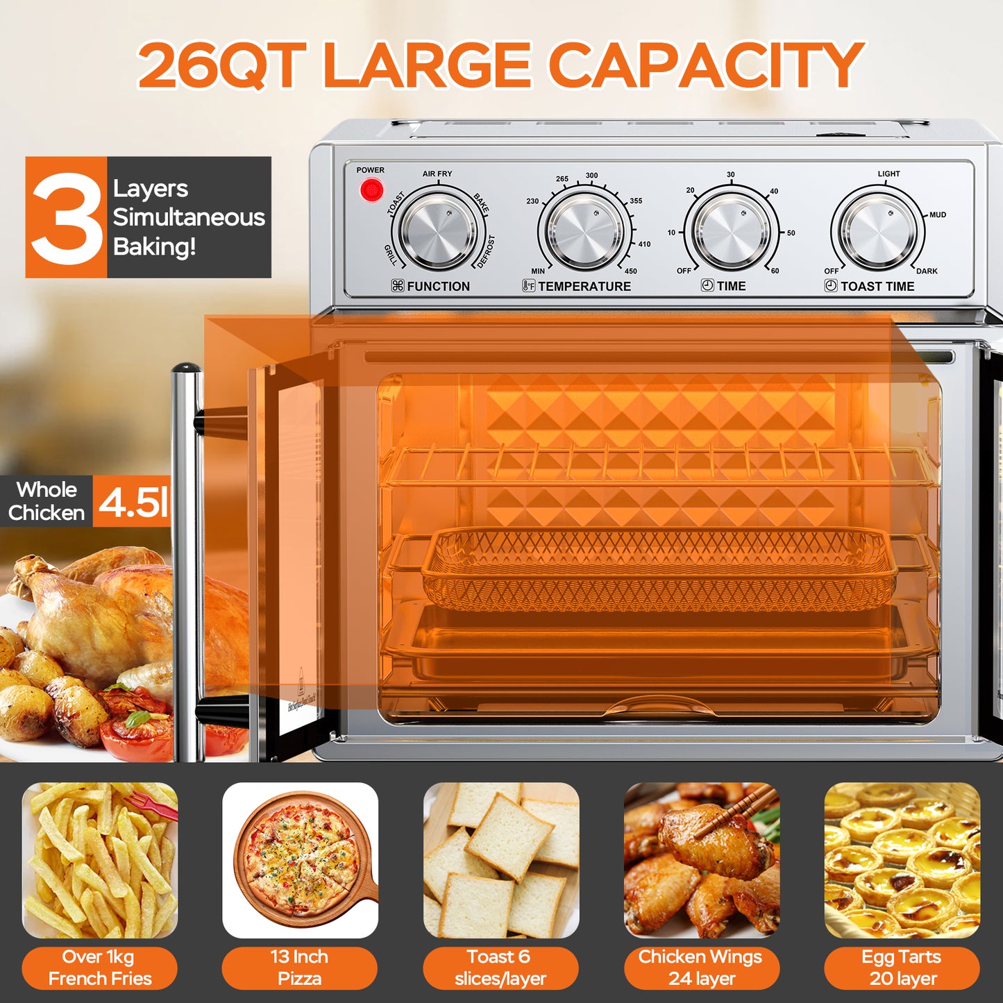26L Multifunction Air Fryer Toaster Oven - 6 Slices, 1700W