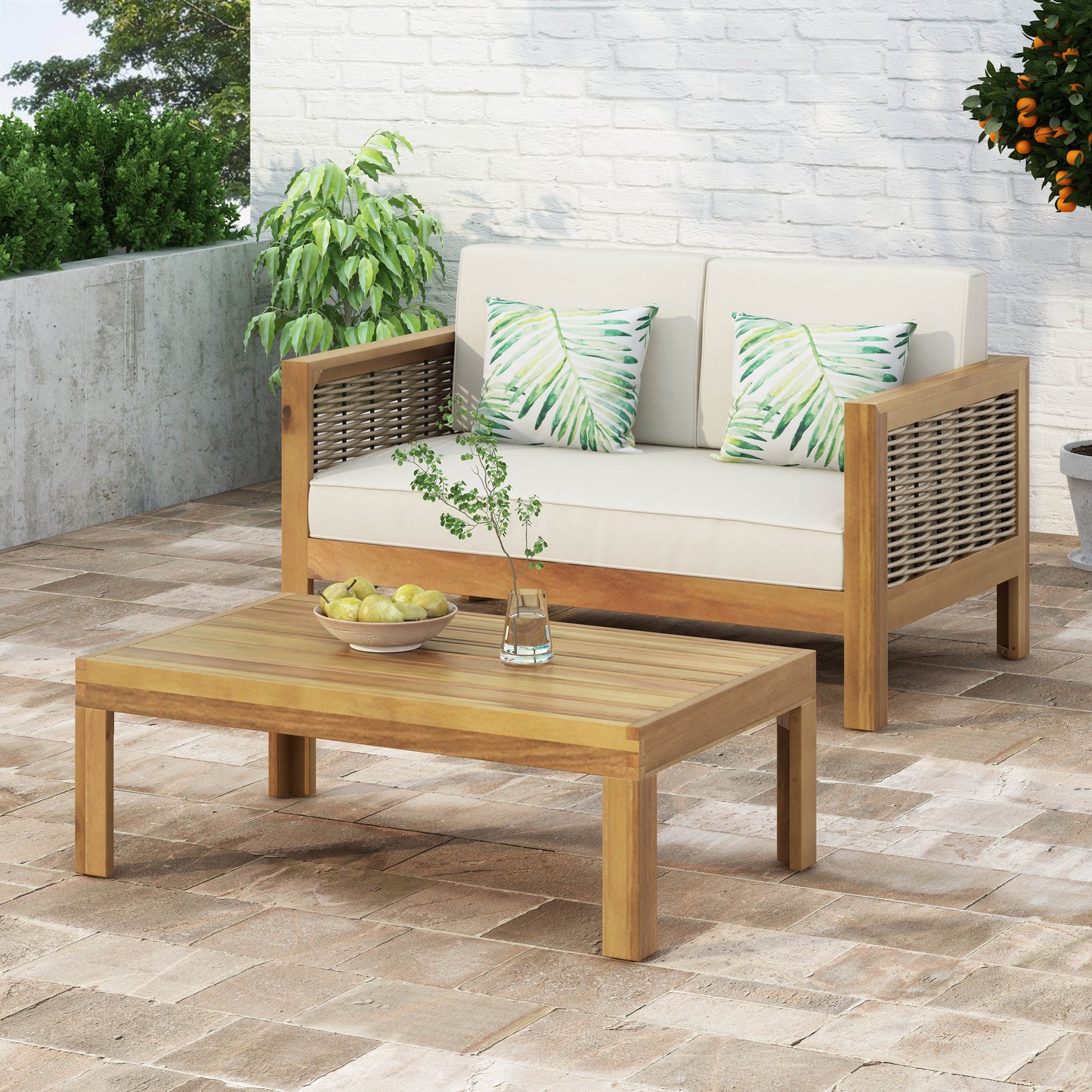 Outdoor Acacia Wood And Wicker Loveseat Coffee Table Set With