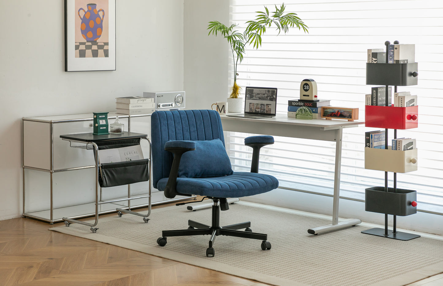Blue Modern Linen Criss Cross Armrest Office Chair
