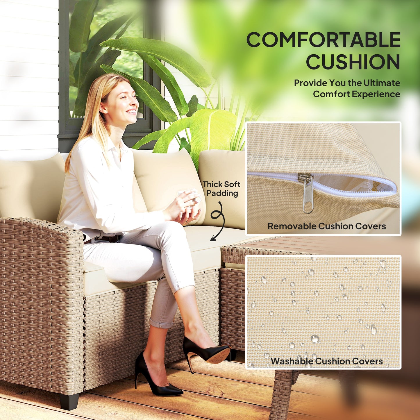 6-Piece Outdoor Furniture Set with Sectional Sofa and Dining Table - Khaki