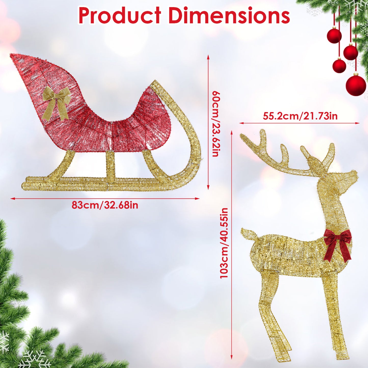 Lighted Christmas Reindeer & Sleigh - 8 Lighting Modes Decor