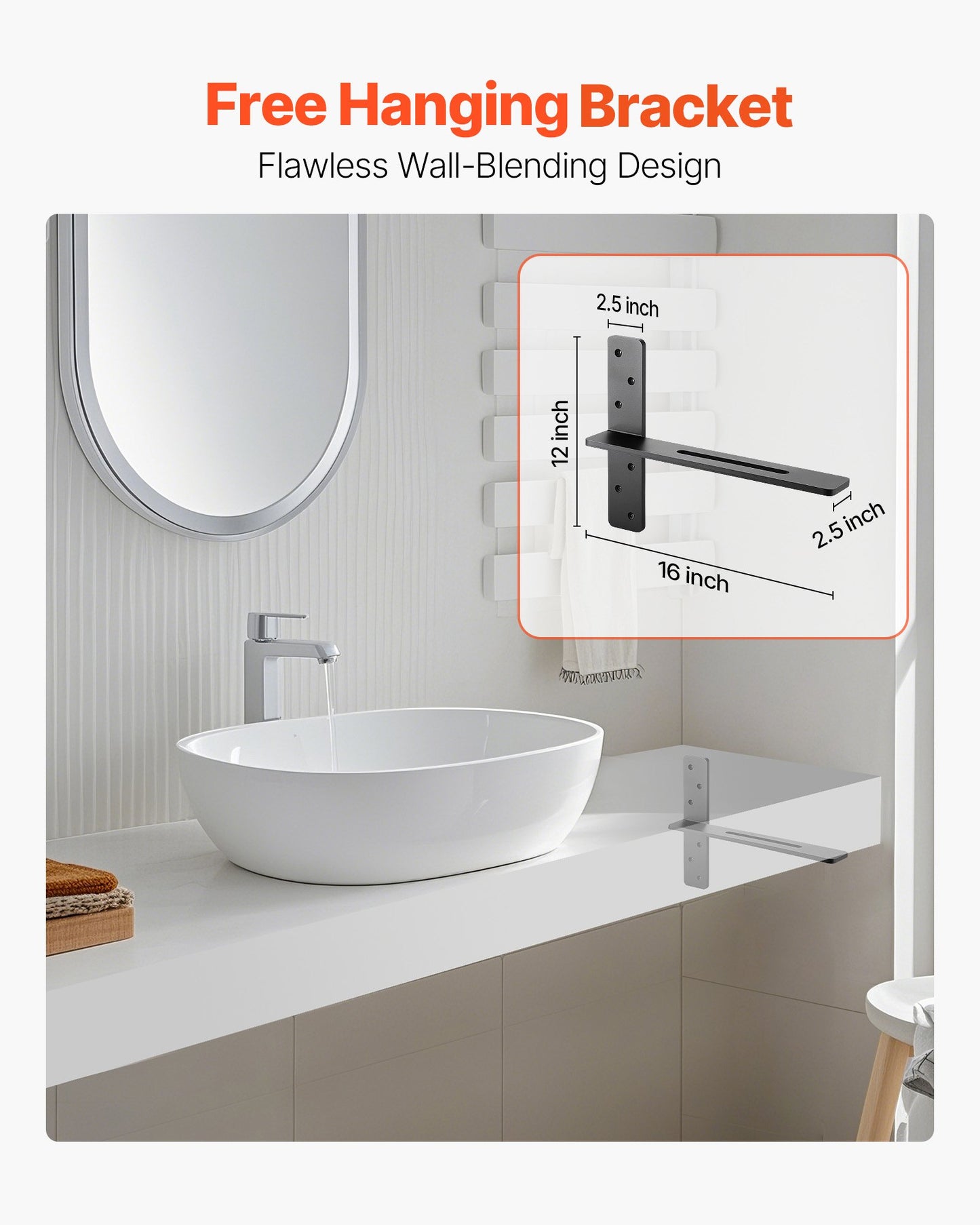 Heavy Duty Floating Shelf Brackets 16 Inch Black Concealed Wall Supports - 2 Pack