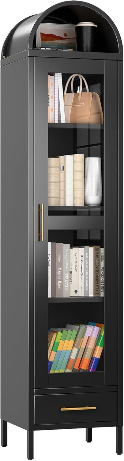 Metal Arched Bookcase Cabinet with Glass Doors & Drawer - Black