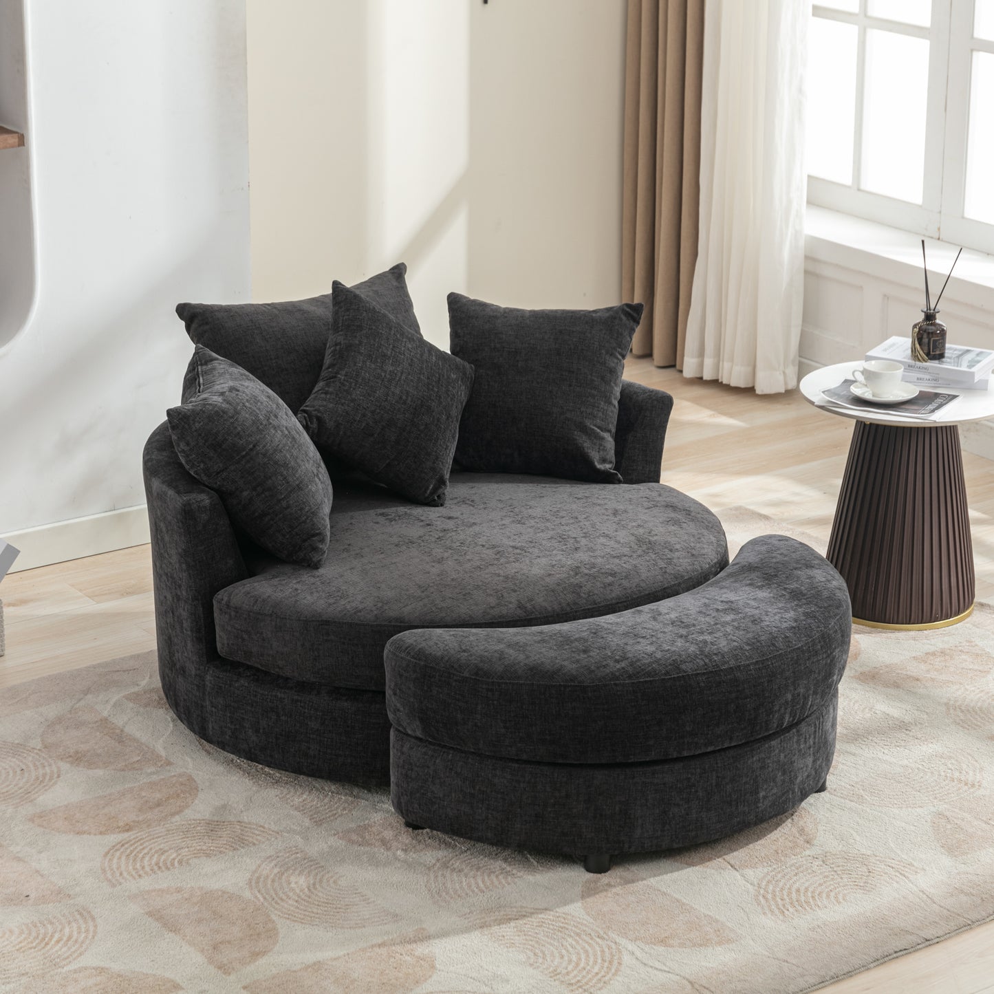 360° Swivel Accent Barrel Chair with Storage Ottoman & 4 Pillows - Gray