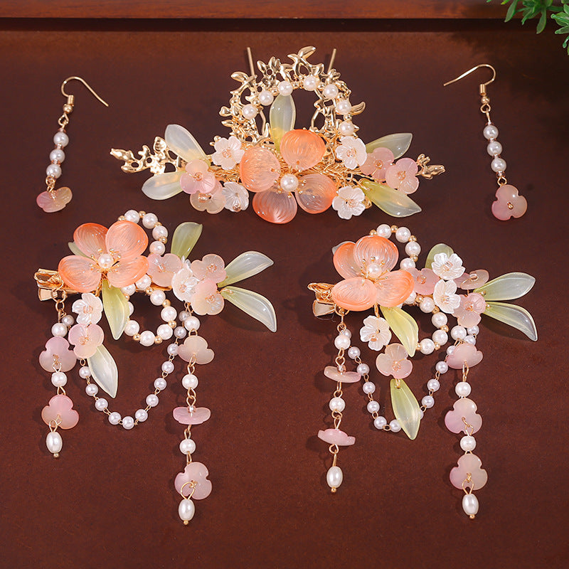 Vintage Flower Hairpin Set with Tassel - Pink