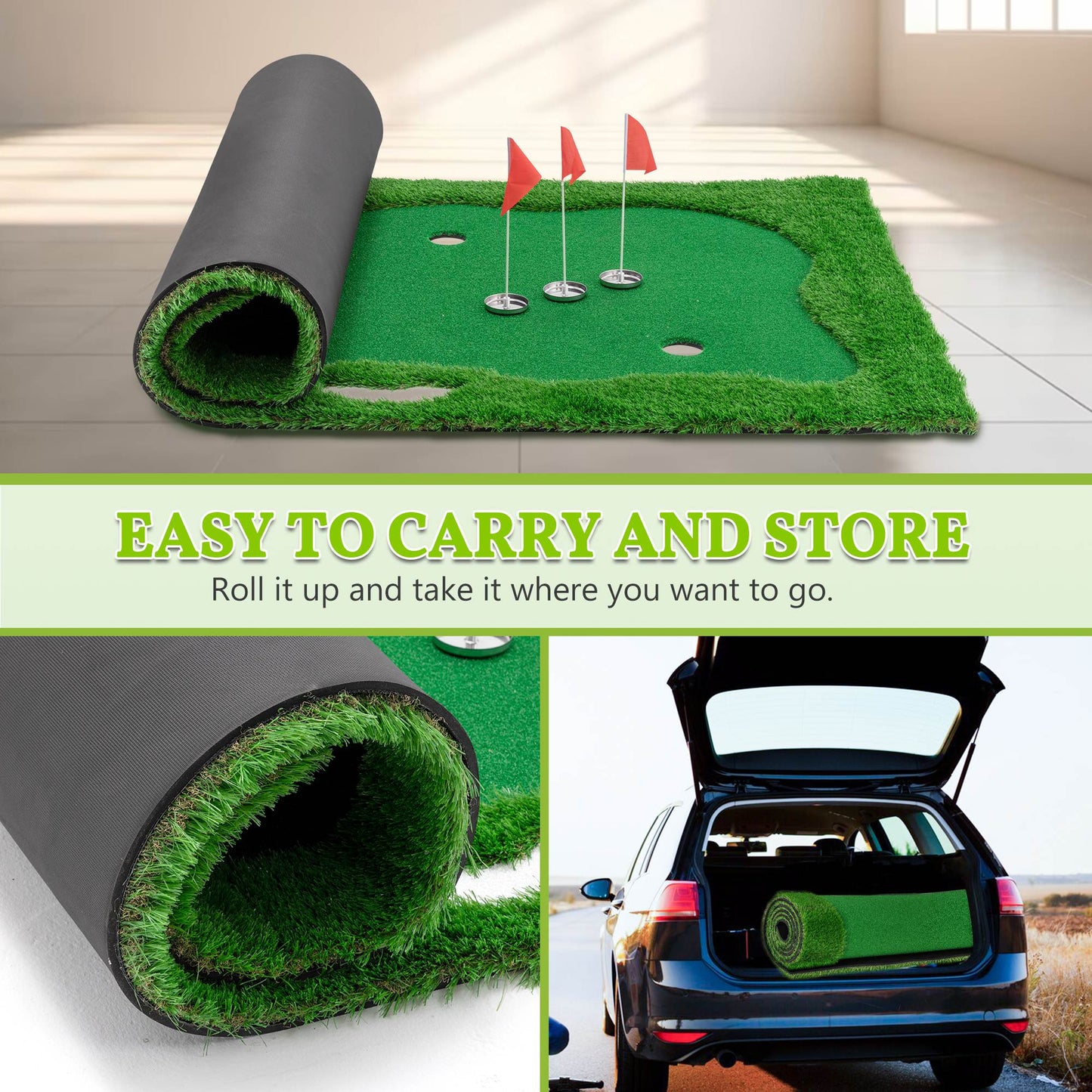 Golf Putting Green Mat - 10x5 FT with 3 Holes and Flags