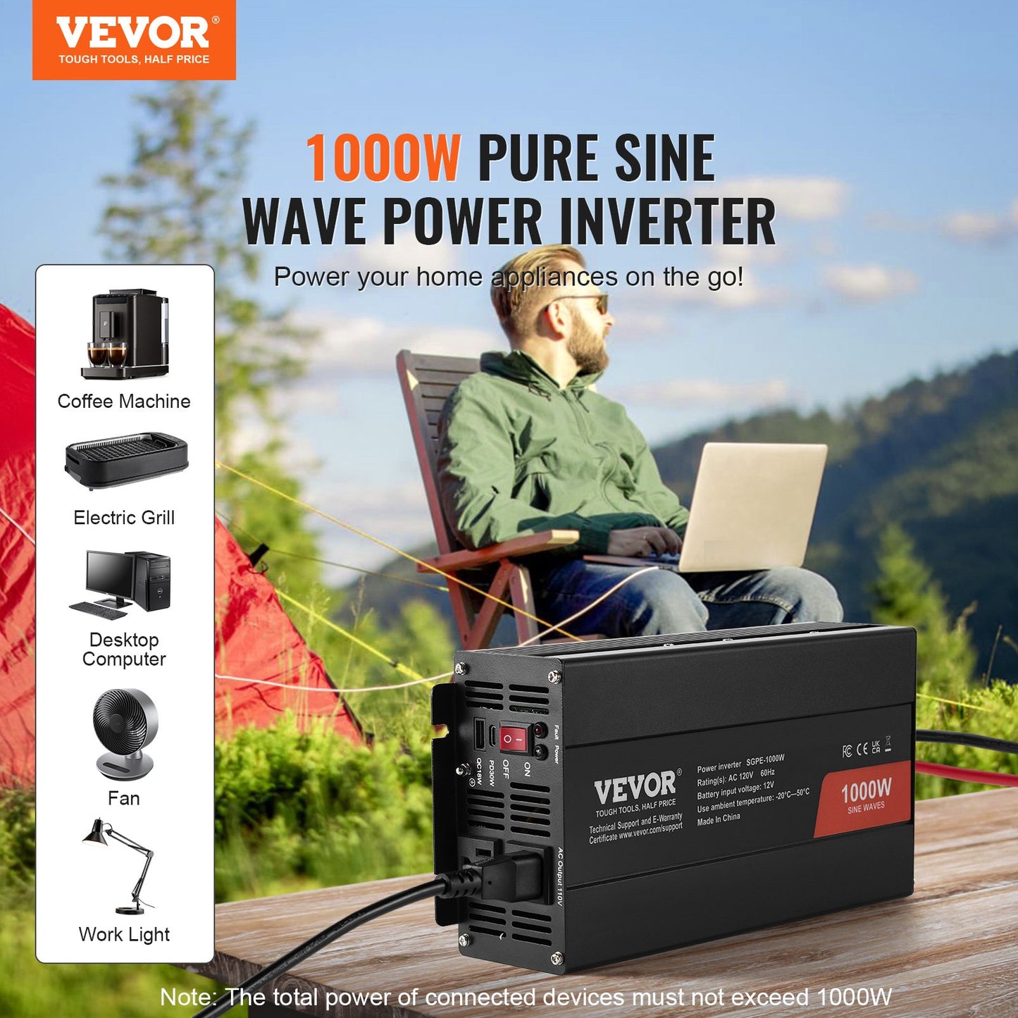 1000W Pure Sine Wave Power Inverter DC 12V to AC 120V with 2 Outlets & USB Type-C