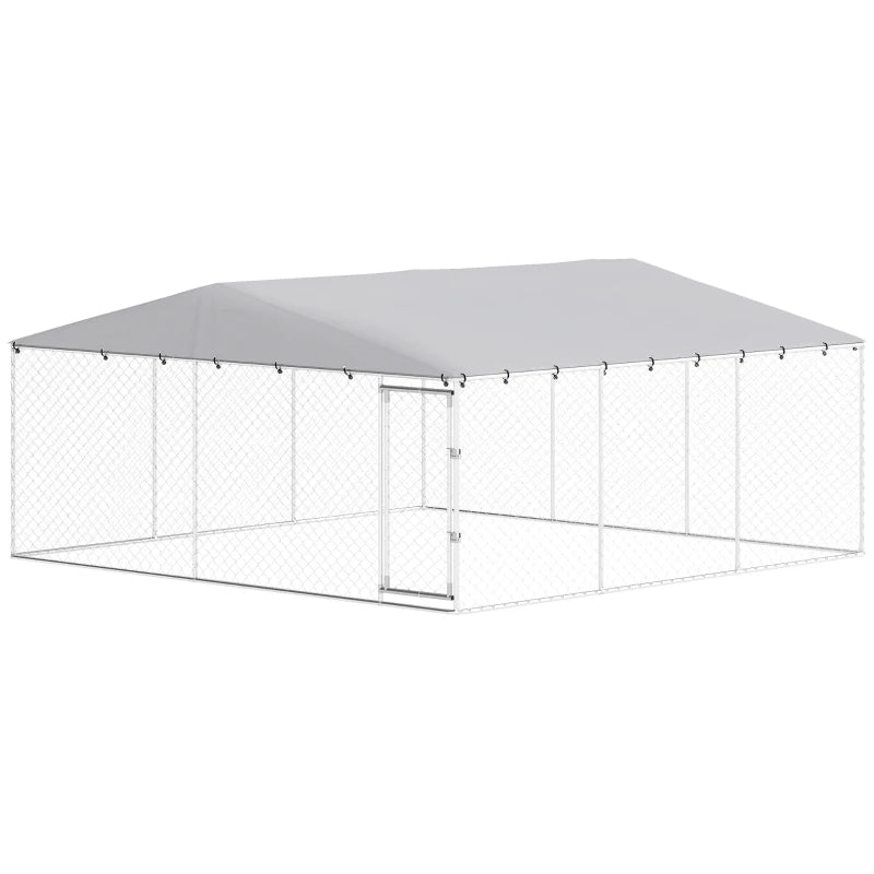 Outdoor Dog Kennel with Waterproof Roof, Galvanized Steel, Silver, 14.8 ft