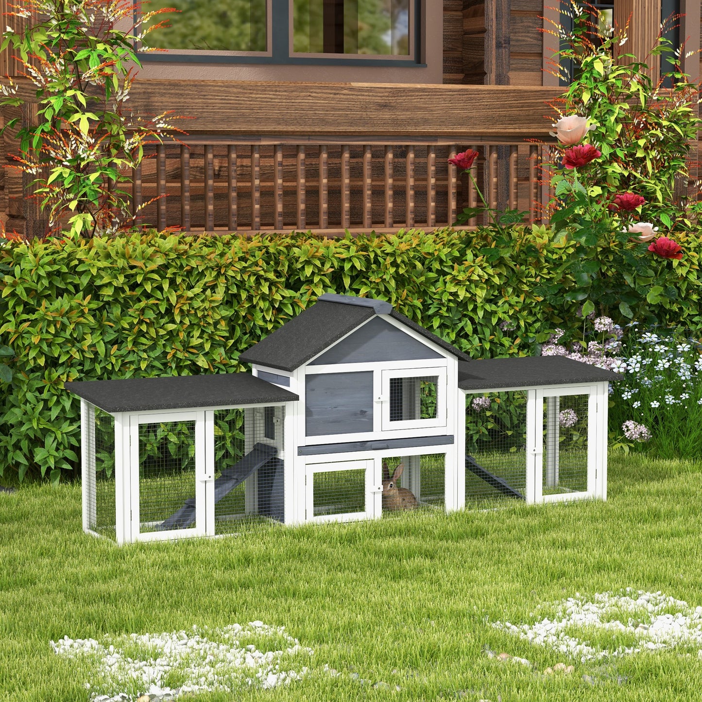 Outdoor Wooden Rabbit Hutch 83 Inches Deluxe 2-Story Pet House with Run and Ladder