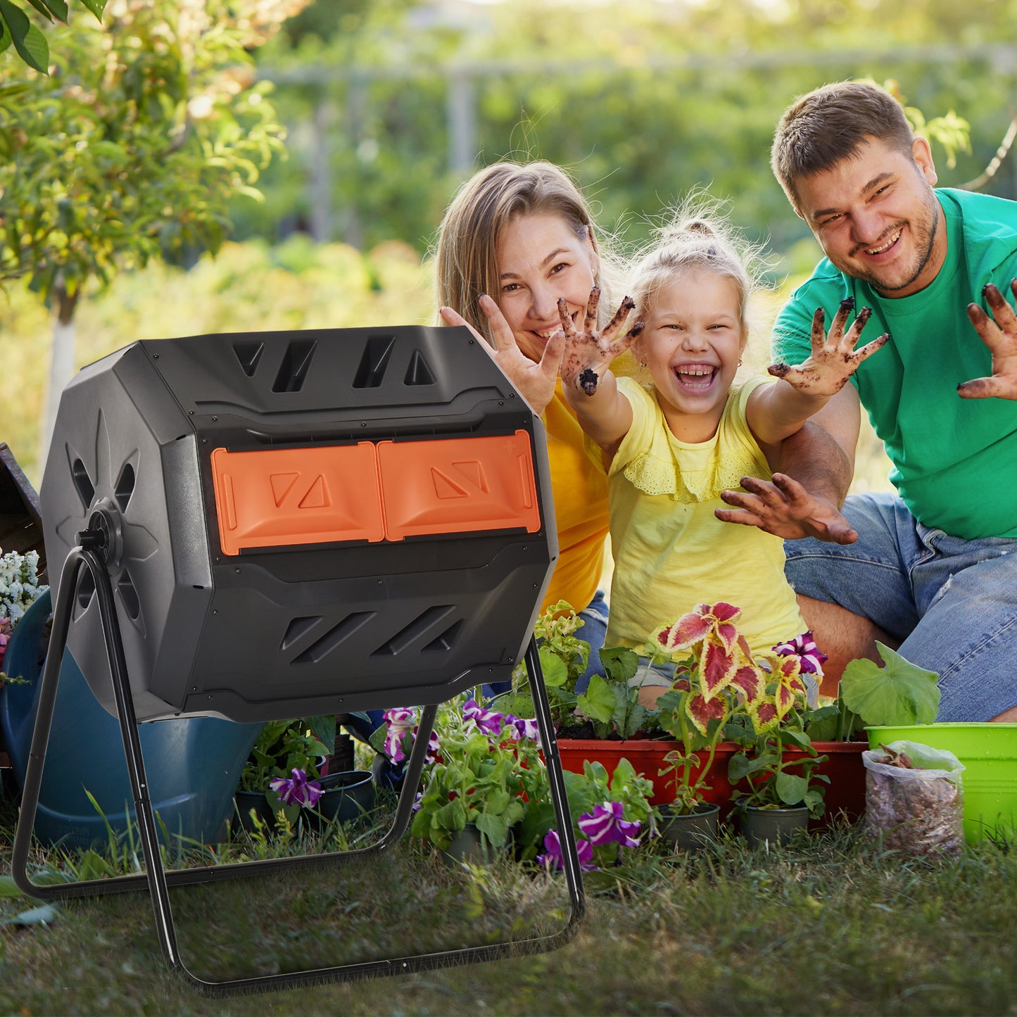 Outdoor 360° Rotating Compost Bin - Dual Chamber Garden Tumbler 43 Gallon