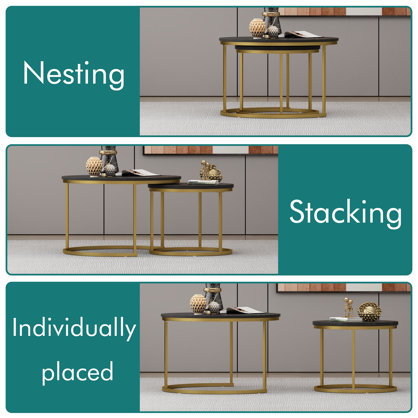 Nesting Coffee Table Set of 2 - Round Black+Gold Marble Top