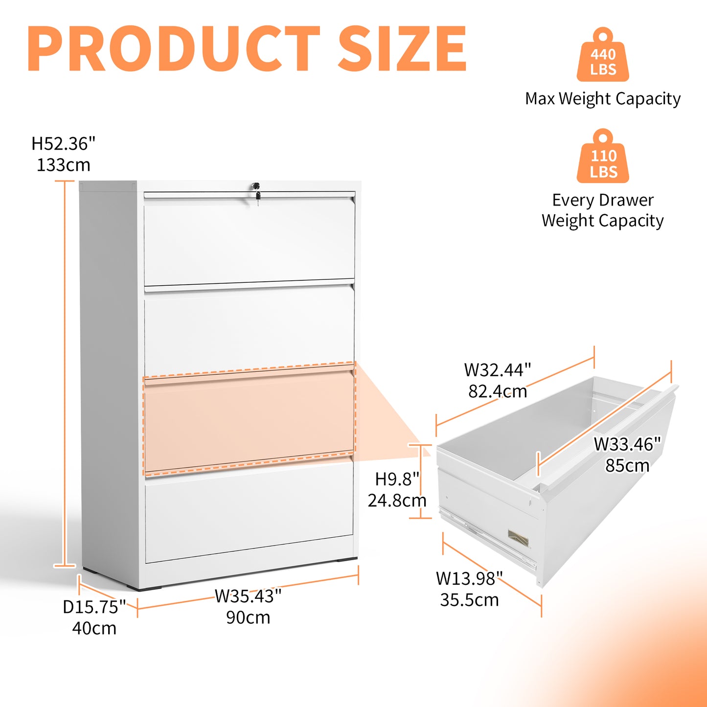 Lateral File Cabinet 4 Drawer, White Filing With Lock, Lockable For