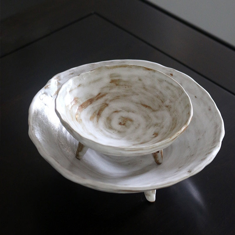 Stoneware Three-Legged Food Plate - Antique Ceramic Fruit Dish, Zen Dim Sum