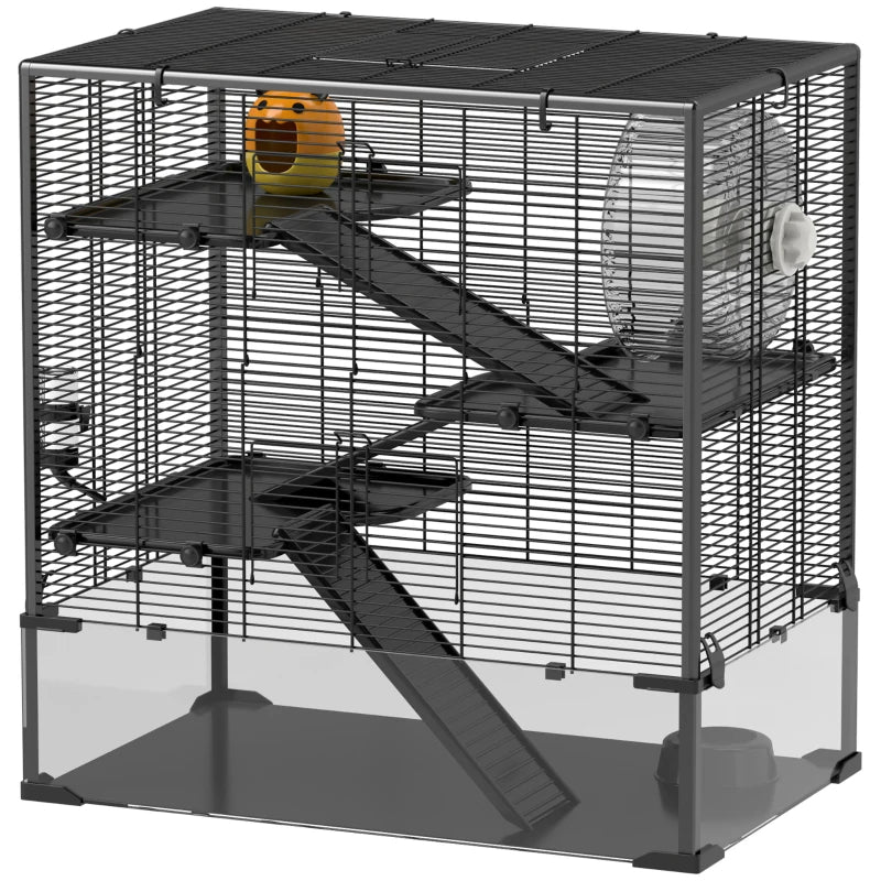 Multi-Level Hamster Cage with Tempered Glass Bottom, Running Wheel & Hut