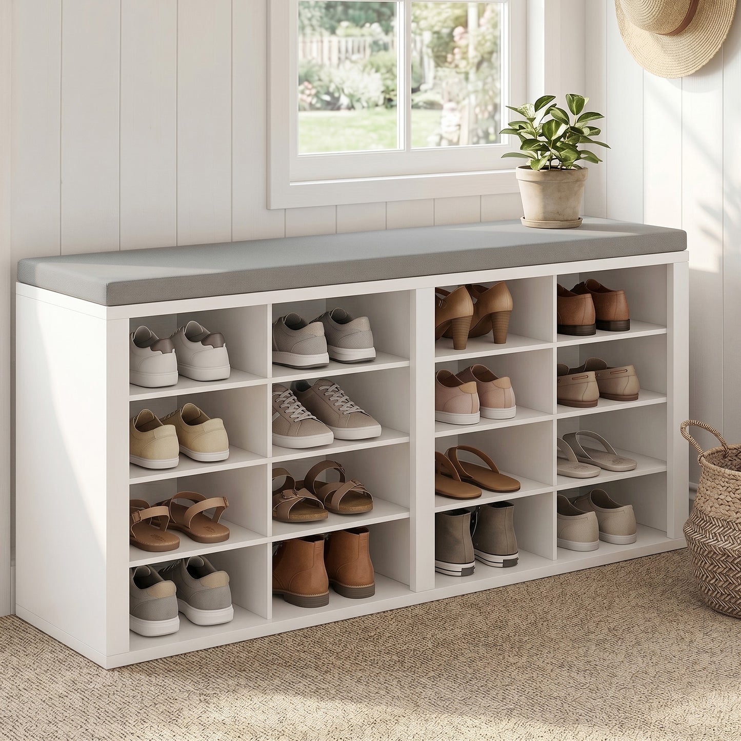 Shoe Storage Bench With Cushion 16 Cubby Rack Multifunctional