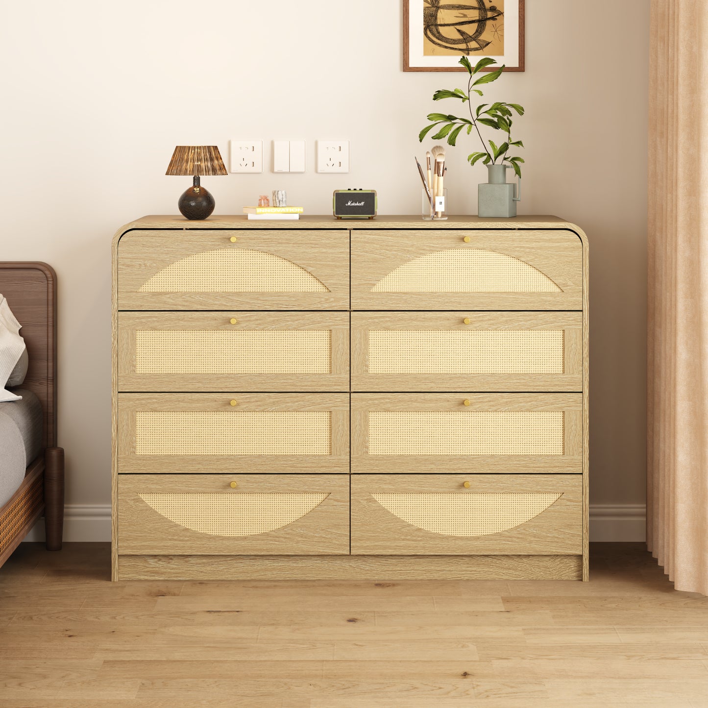 Natural 8-Drawer Dresser with Rattan Front - Wide Storage Cabinet