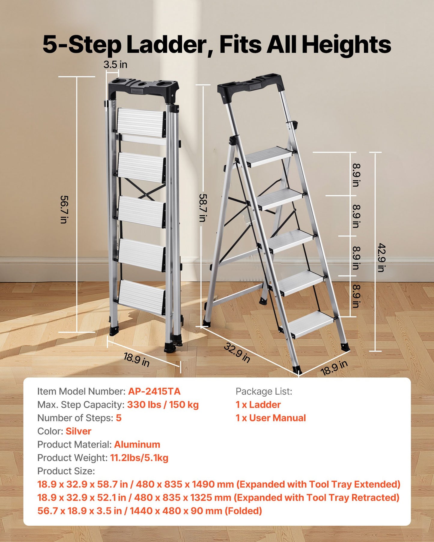 Black 5-Step Folding Ladder with Anti-Slip Pedals and Handgrip - Portable Aluminum Stepladder, 330 lbs Capacity