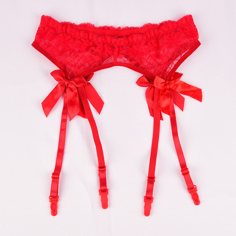 Transparent Lace Garter Belt with Bow - One Size, Black, White, Red, Pink