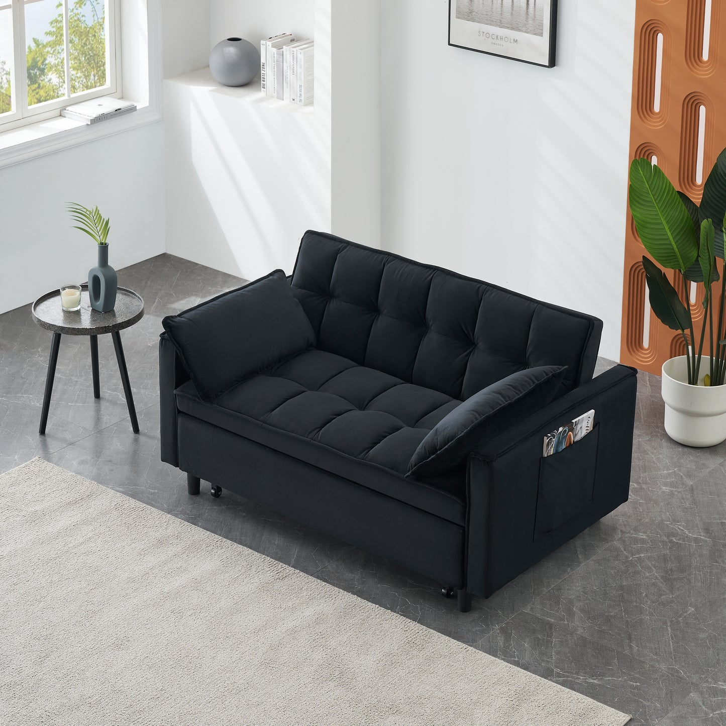 Convertible Velvet Sofa Bed with Pockets - Black Love Seat