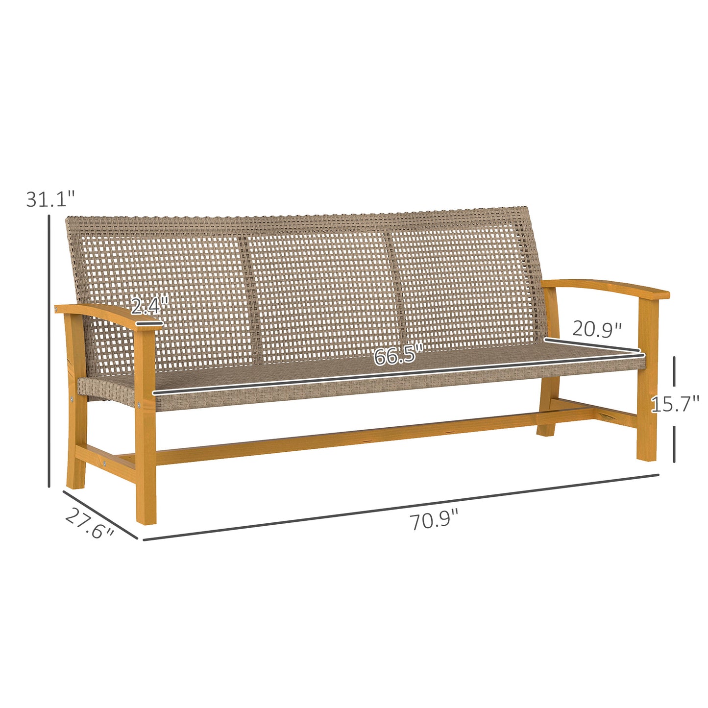 3-Seat Outdoor Wicker Sofa - Acacia Wood & Steel Frame, Teak
