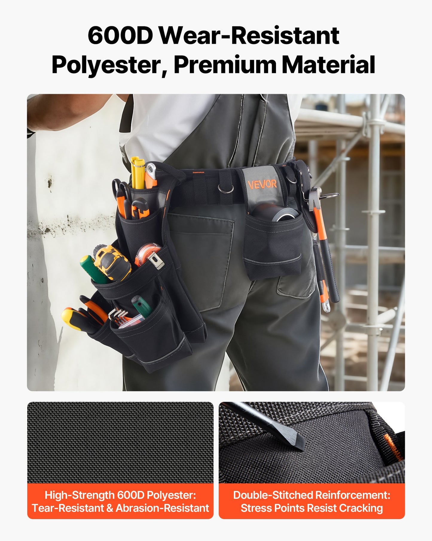 Heavy Duty Tool Belt with 18 Pockets for Construction and Carpentry - Adjustable Waist